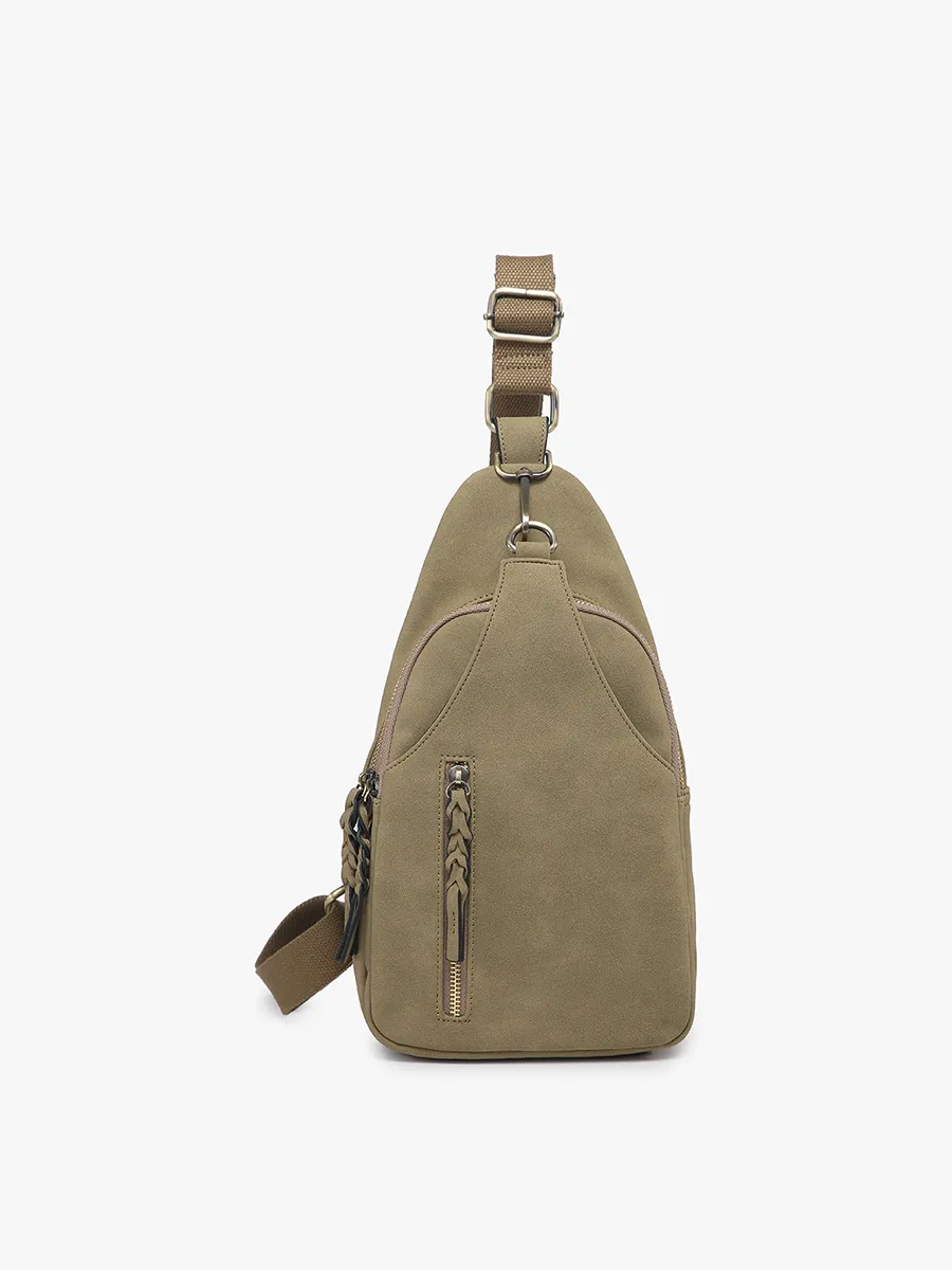 M2342SDE Nikki Faux Suede Dual Compartment Sling Pack Bag: Tan
