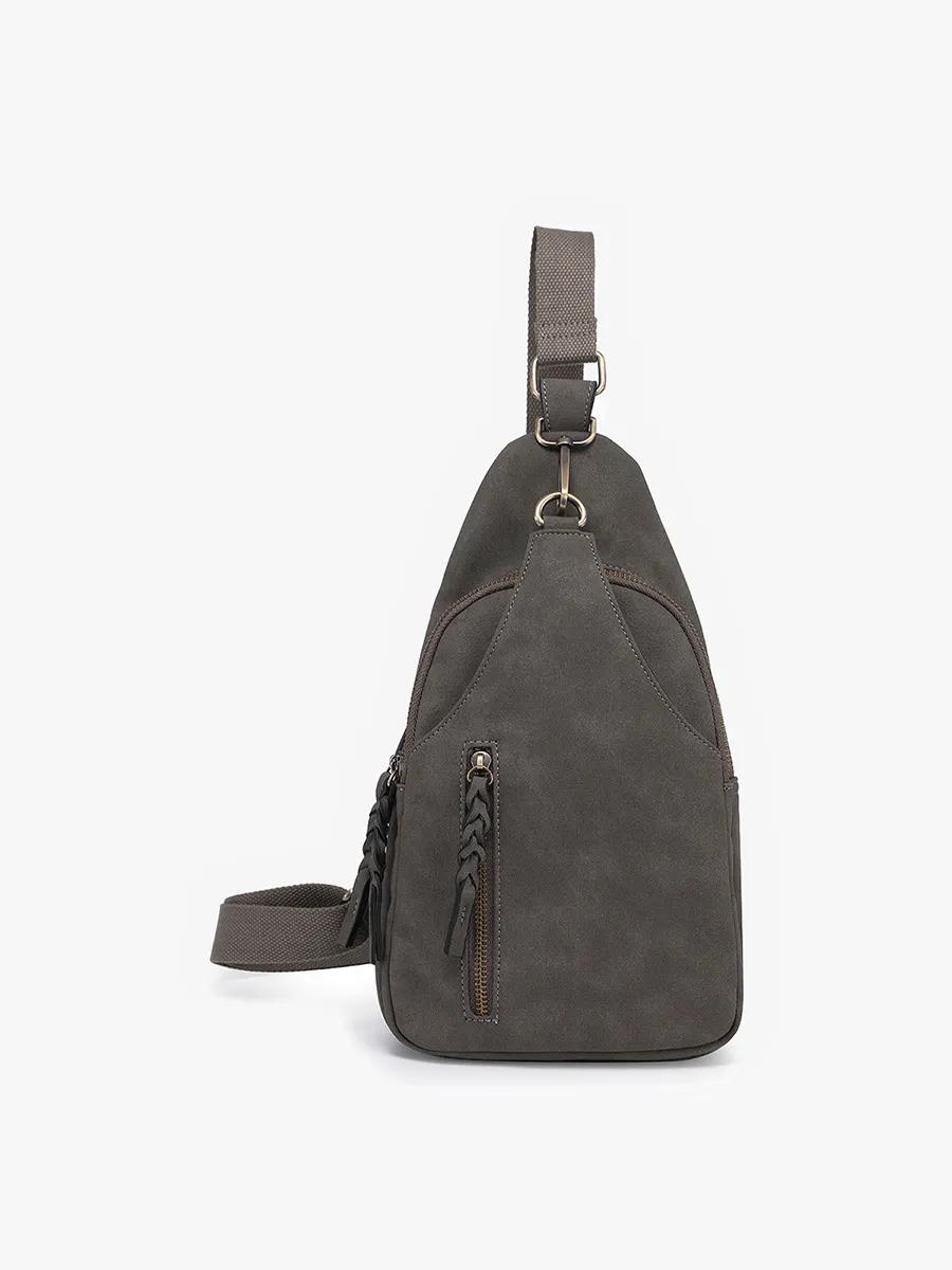 M2342SDE Nikki Faux Suede Dual Compartment Sling Pack Bag: Tan