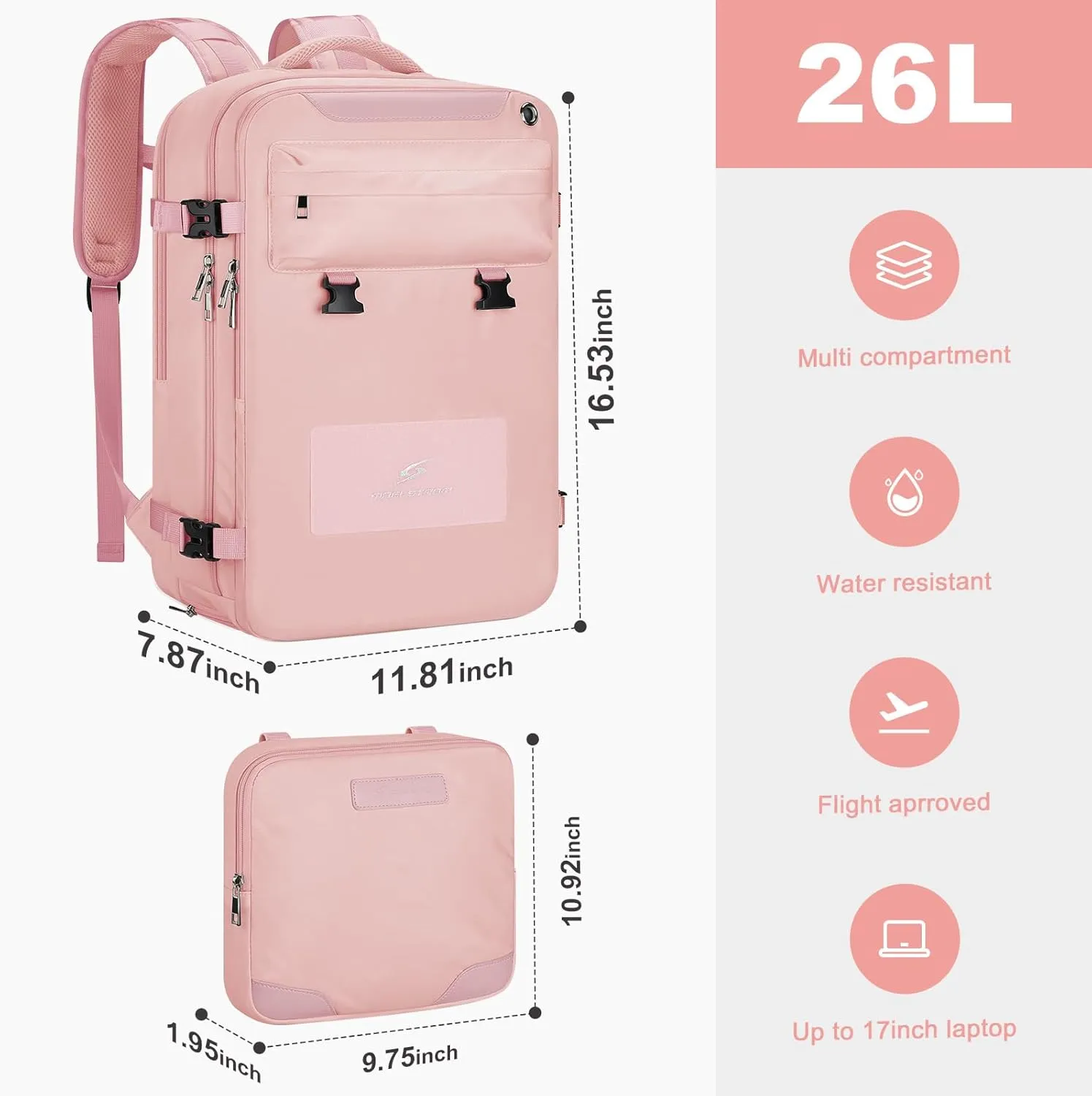 Maelstrom Travel Backpack for Women Men, 2 in 1 Crossbody Bag Laptop Backpack Fits 15.6-17.3 Inch Laptop, 26L Work/Nurse/Teacher Bag, Carry On Backpack with Shoe Compartment, Pink
