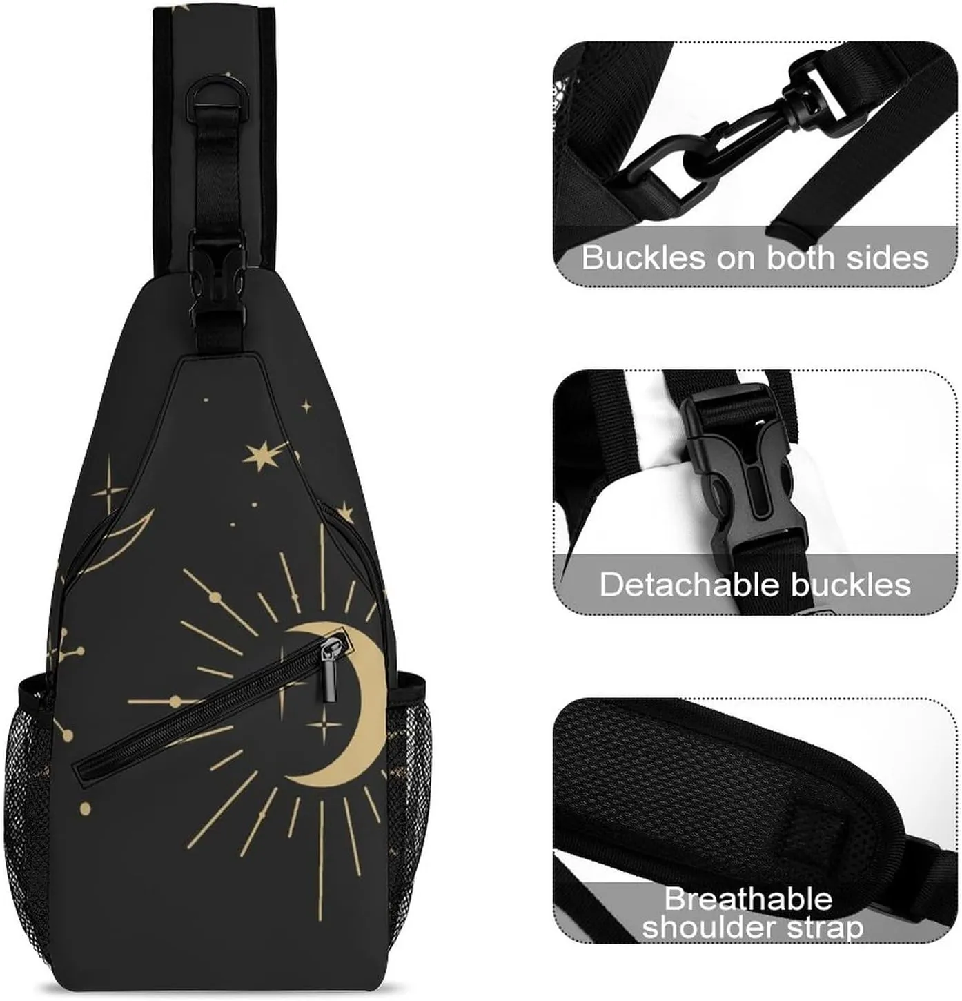 Magic Feathers Moons Sling Bag for Women Men Stars Gold M