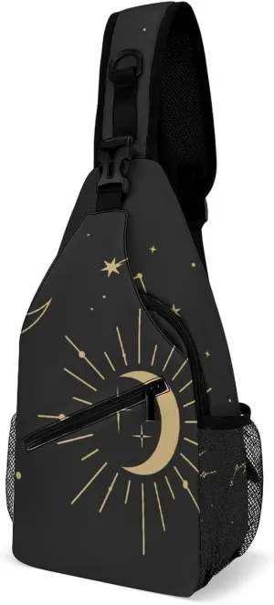 Magic Feathers Moons Sling Bag for Women Men Stars Gold M