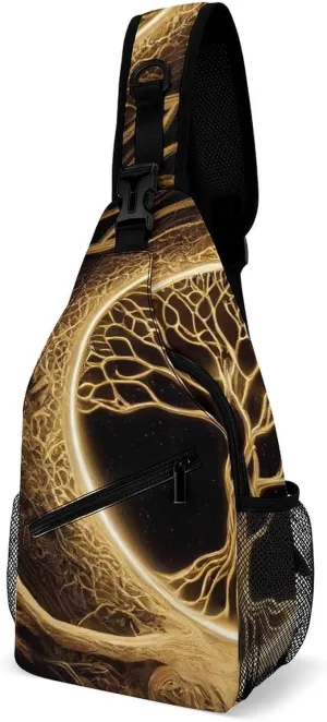 Magical Tree 3d Golden Sling Bag for Women Men Natural Crossbody Shoulder Bag with Anti Theft,Multipurpose Chest Bag for Travel,Hiking,Cycling,Camping