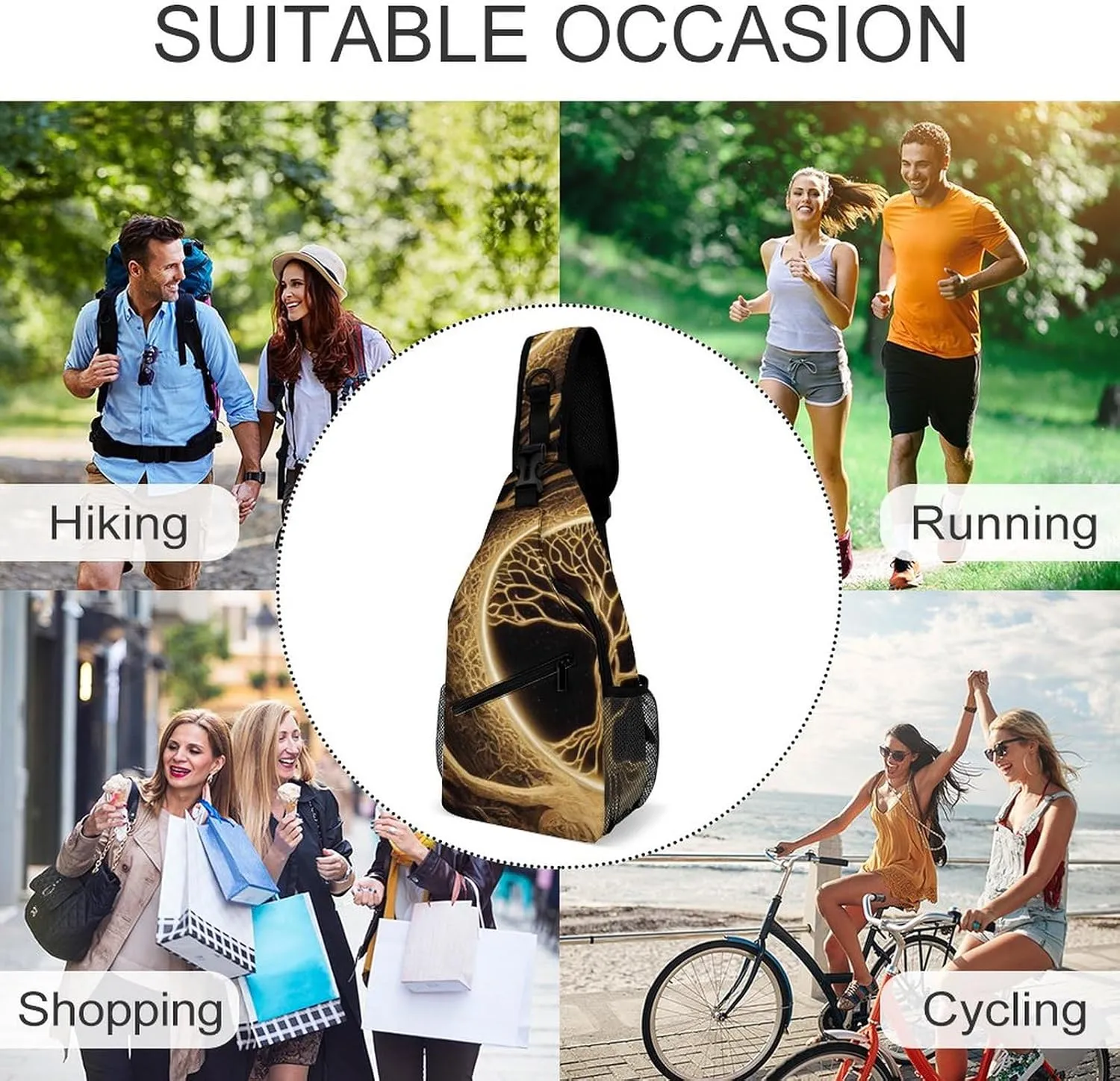 Magical Tree 3d Golden Sling Bag for Women Men Natural Crossbody Shoulder Bag with Anti Theft,Multipurpose Chest Bag for Travel,Hiking,Cycling,Camping