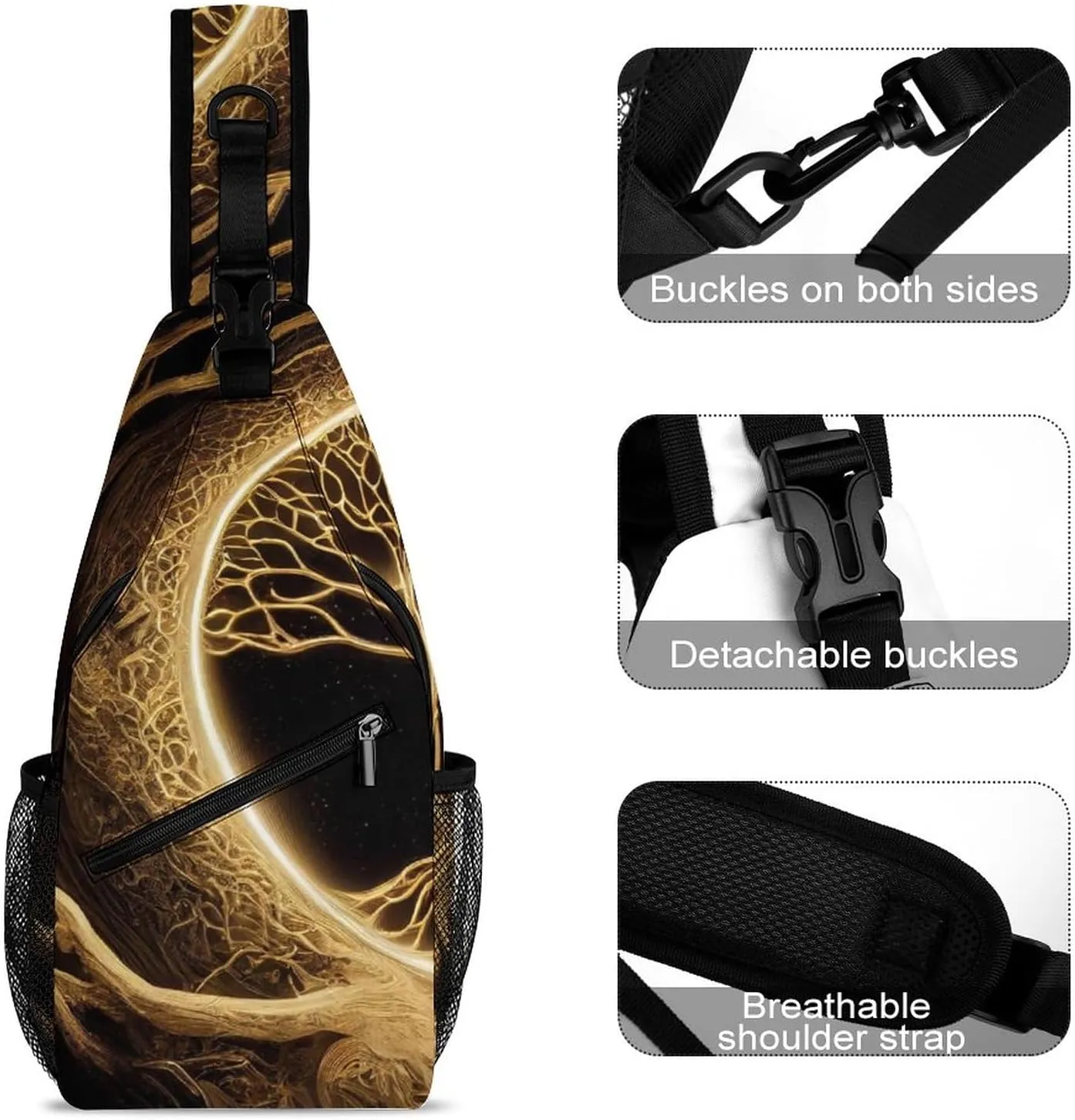 Magical Tree 3d Golden Sling Bag for Women Men Natural Crossbody Shoulder Bag with Anti Theft,Multipurpose Chest Bag for Travel,Hiking,Cycling,Camping