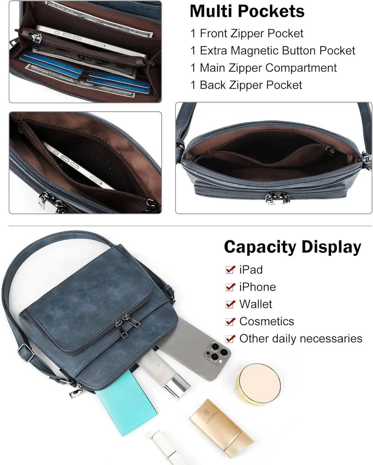 MASINTOR Crossbody Purse Bags for Women, Multi-Pocket Soft Leather Shoulder Purse with Tassel, Lightweight Travel Handbag