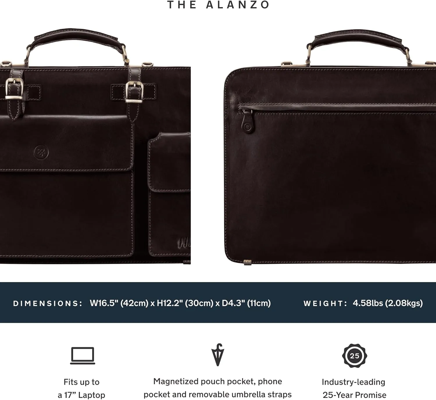 Maxwell Scott - Mens Luxury Italian Leather Large Square Briefcase - Zip Closure - Handmade in Italy - The Alanzo