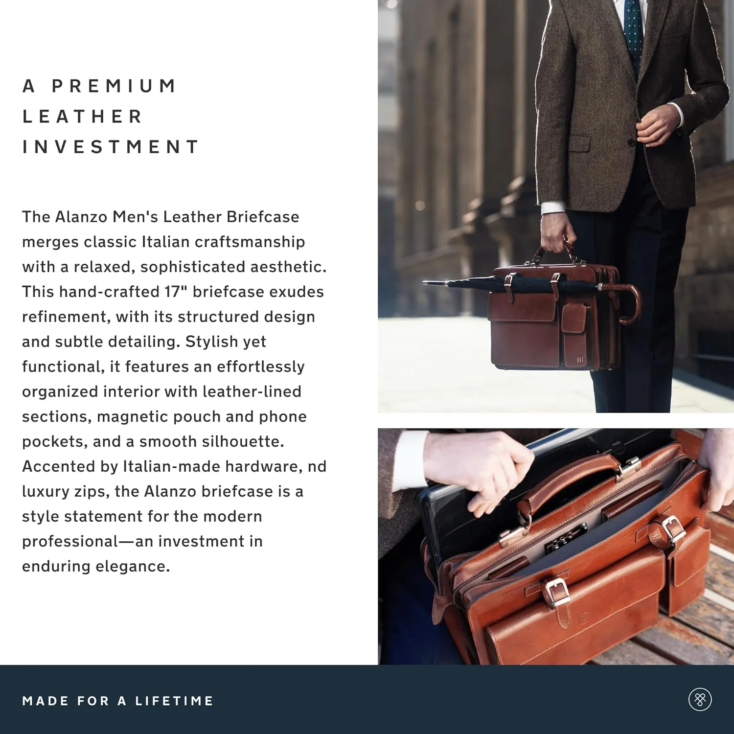 Maxwell Scott - Mens Luxury Italian Leather Large Square Briefcase - Zip Closure - Handmade in Italy - The Alanzo