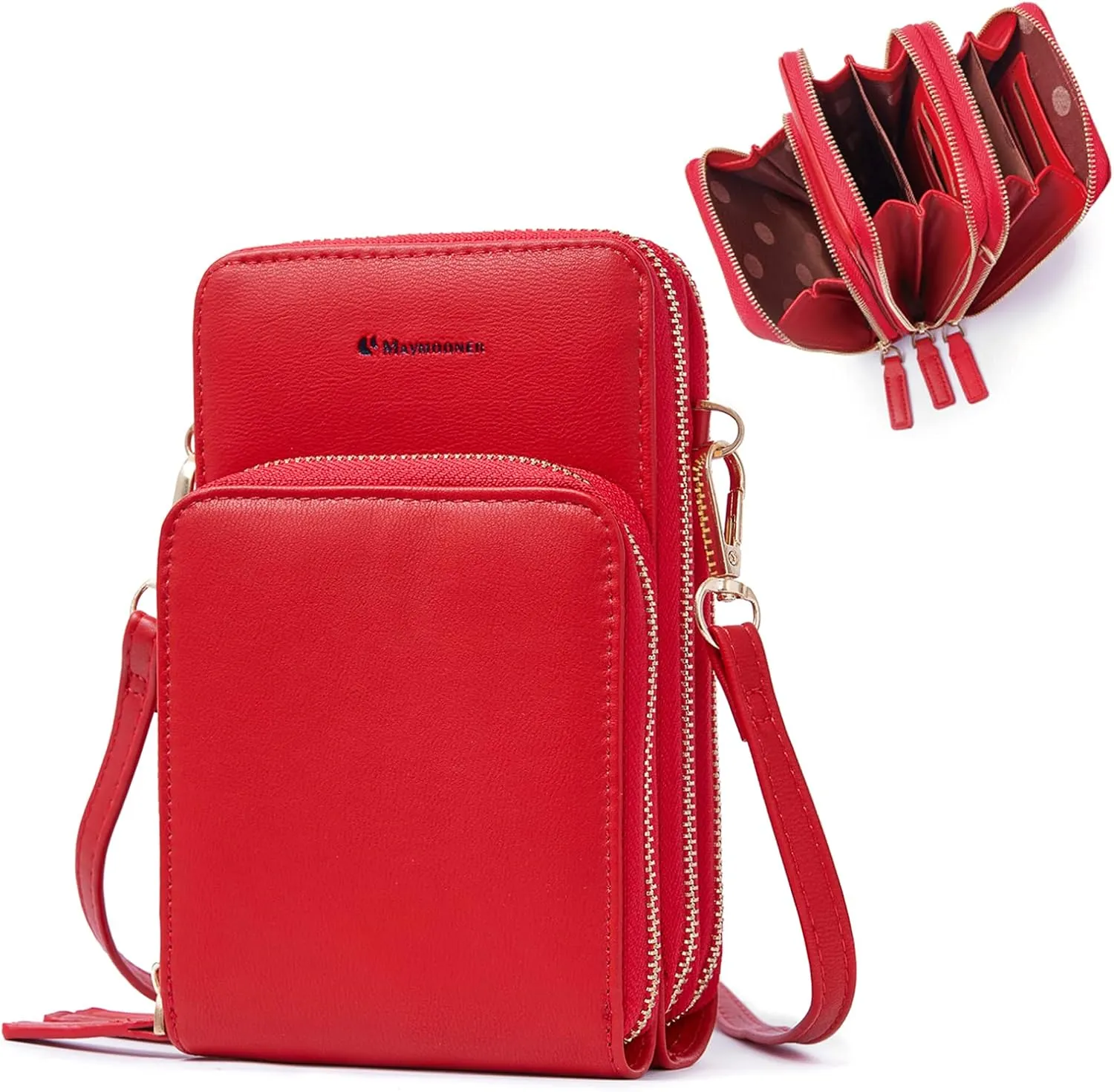 MAYMOONER Cell Phone Purse for Women, Small Crossbody Bag PU Leather with Card Slots Multiple Zipper Closure