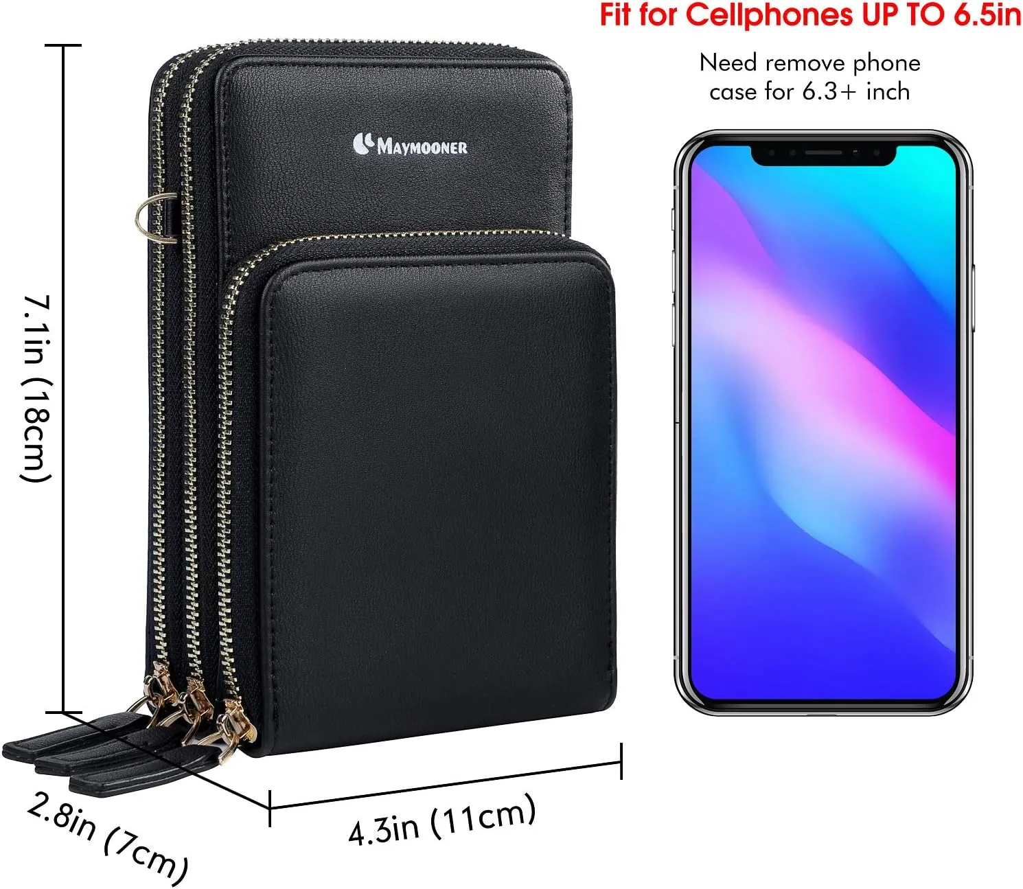 MAYMOONER Cell Phone Purse for Women, Small Crossbody Bag PU Leather with Card Slots Multiple Zipper Closure