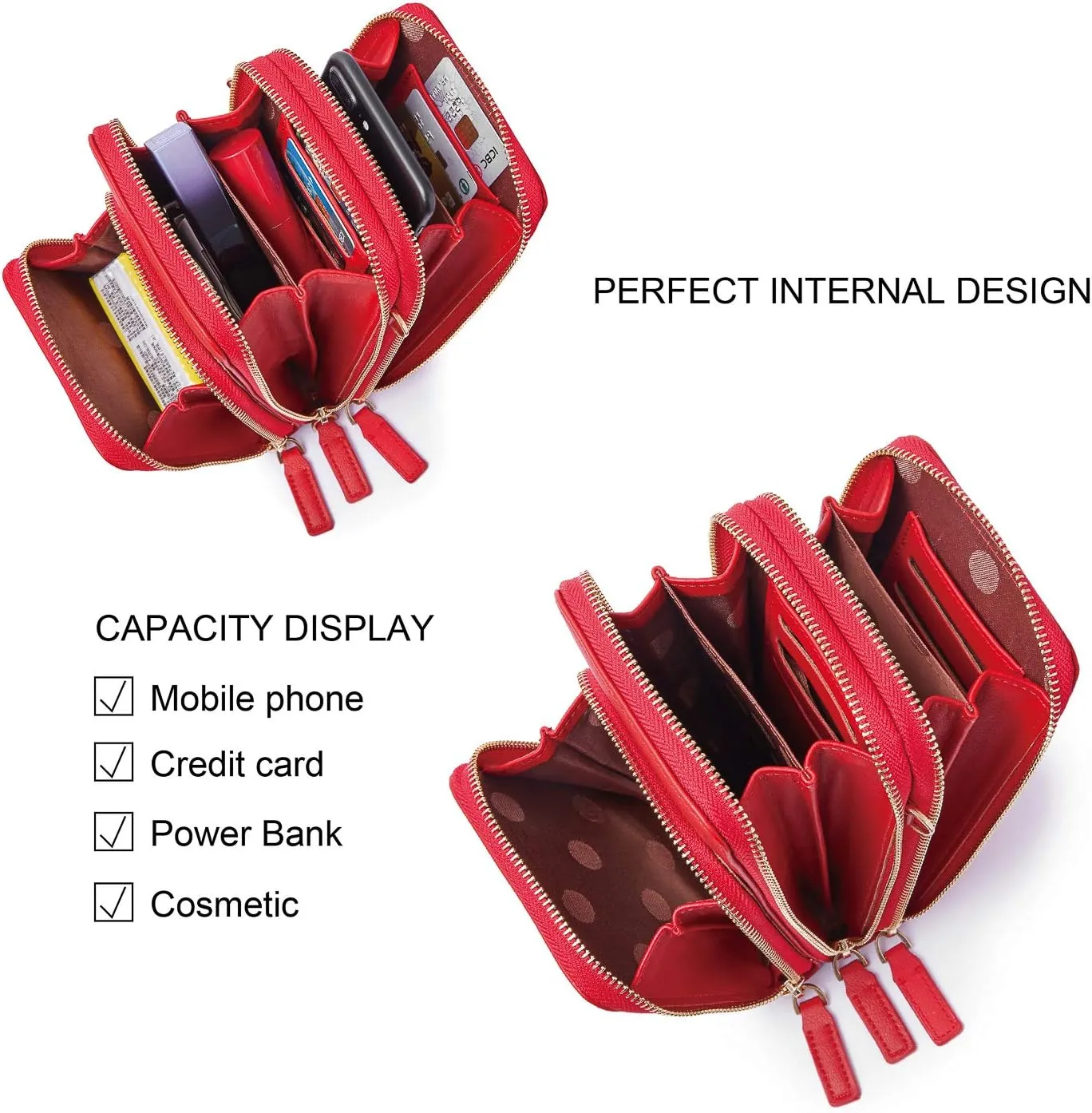 MAYMOONER Cell Phone Purse for Women, Small Crossbody Bag PU Leather with Card Slots Multiple Zipper Closure