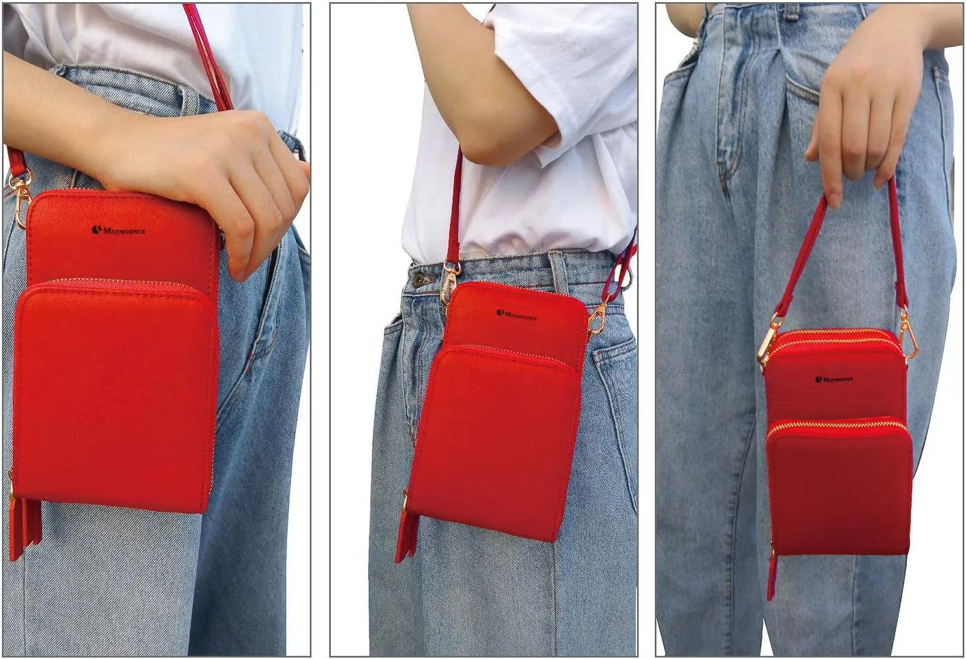MAYMOONER Cell Phone Purse for Women, Small Crossbody Bag PU Leather with Card Slots Multiple Zipper Closure