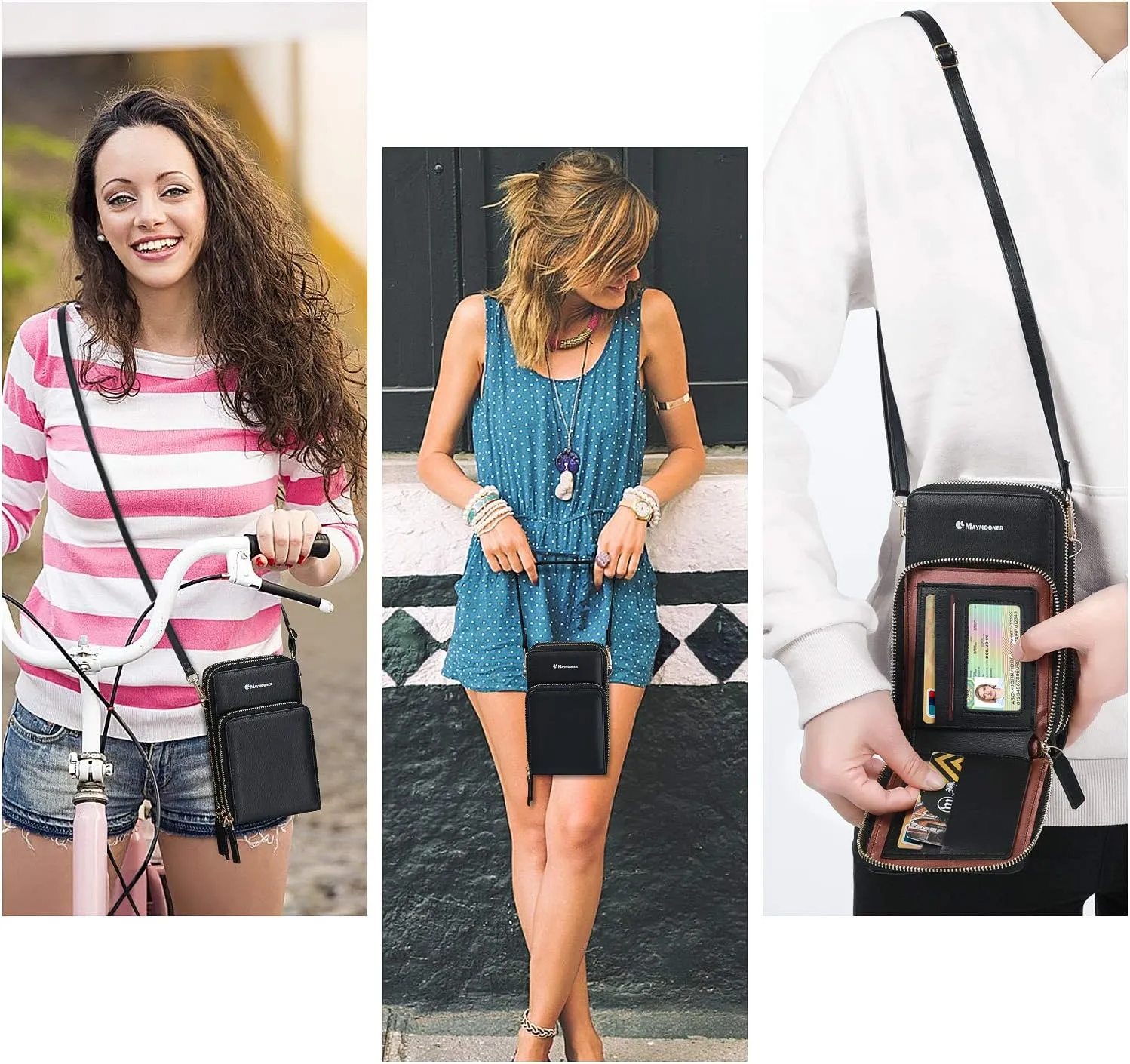 MAYMOONER Cell Phone Purse for Women, Small Crossbody Bag PU Leather with Card Slots Multiple Zipper Closure