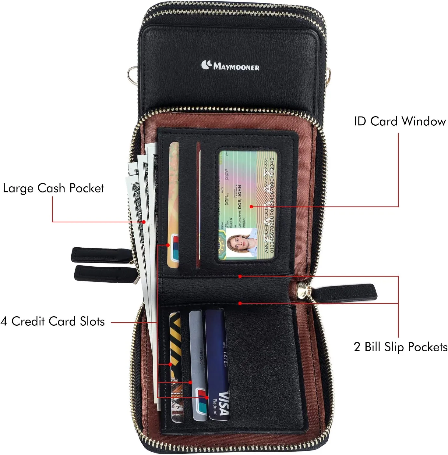 MAYMOONER Cell Phone Purse for Women, Small Crossbody Bag PU Leather with Card Slots Multiple Zipper Closure