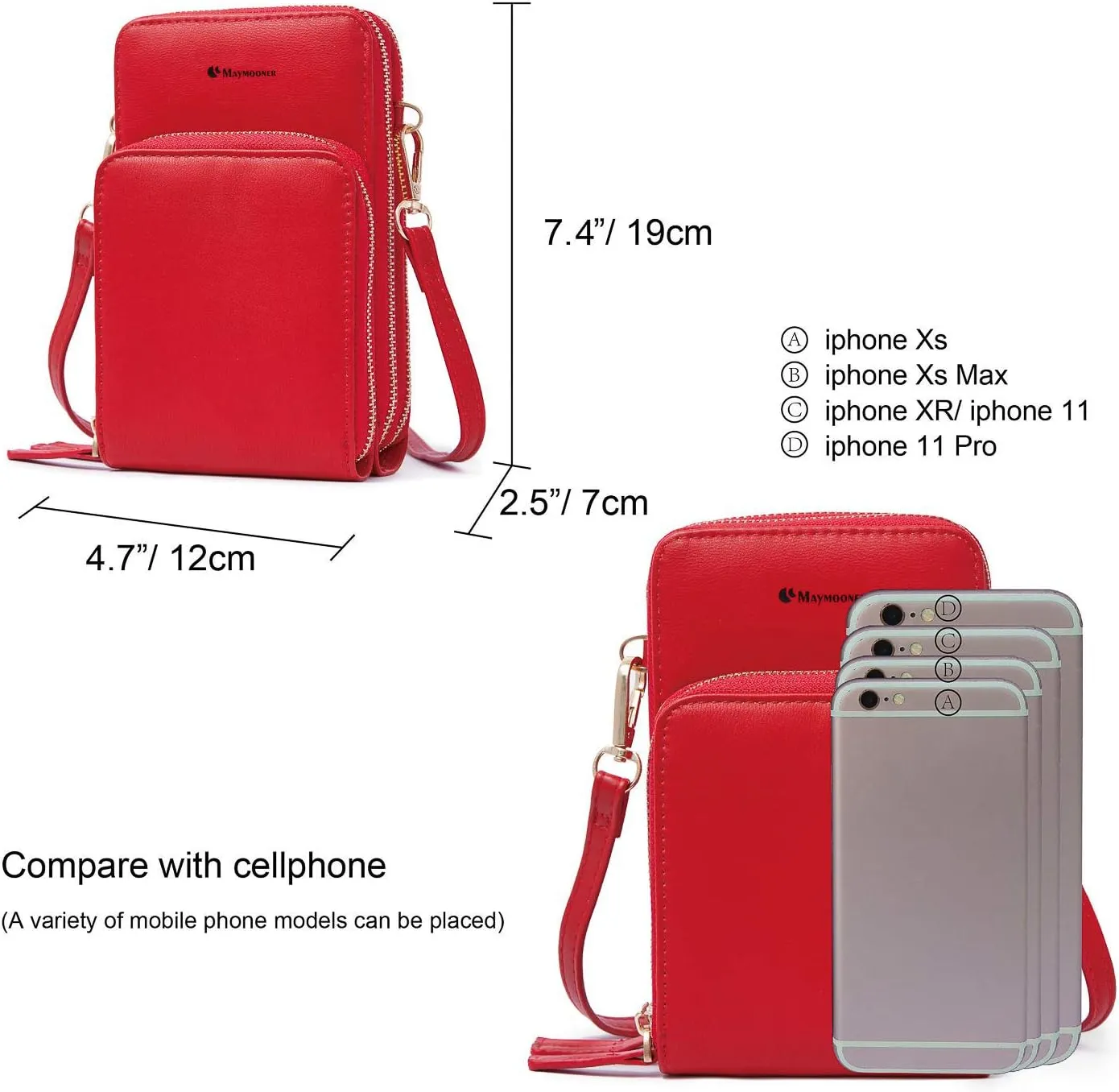 MAYMOONER Cell Phone Purse for Women, Small Crossbody Bag PU Leather with Card Slots Multiple Zipper Closure