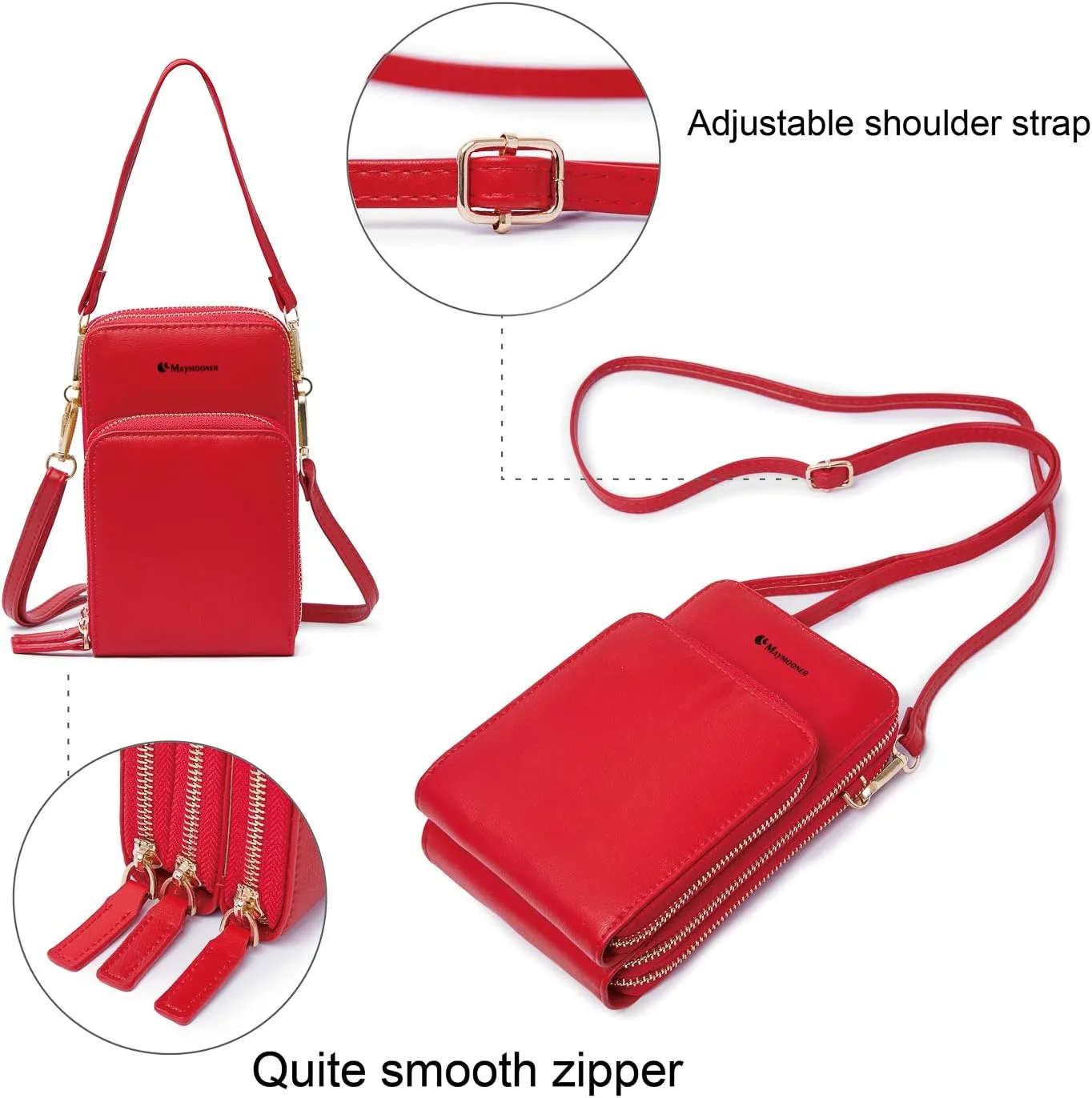 MAYMOONER Cell Phone Purse for Women, Small Crossbody Bag PU Leather with Card Slots Multiple Zipper Closure