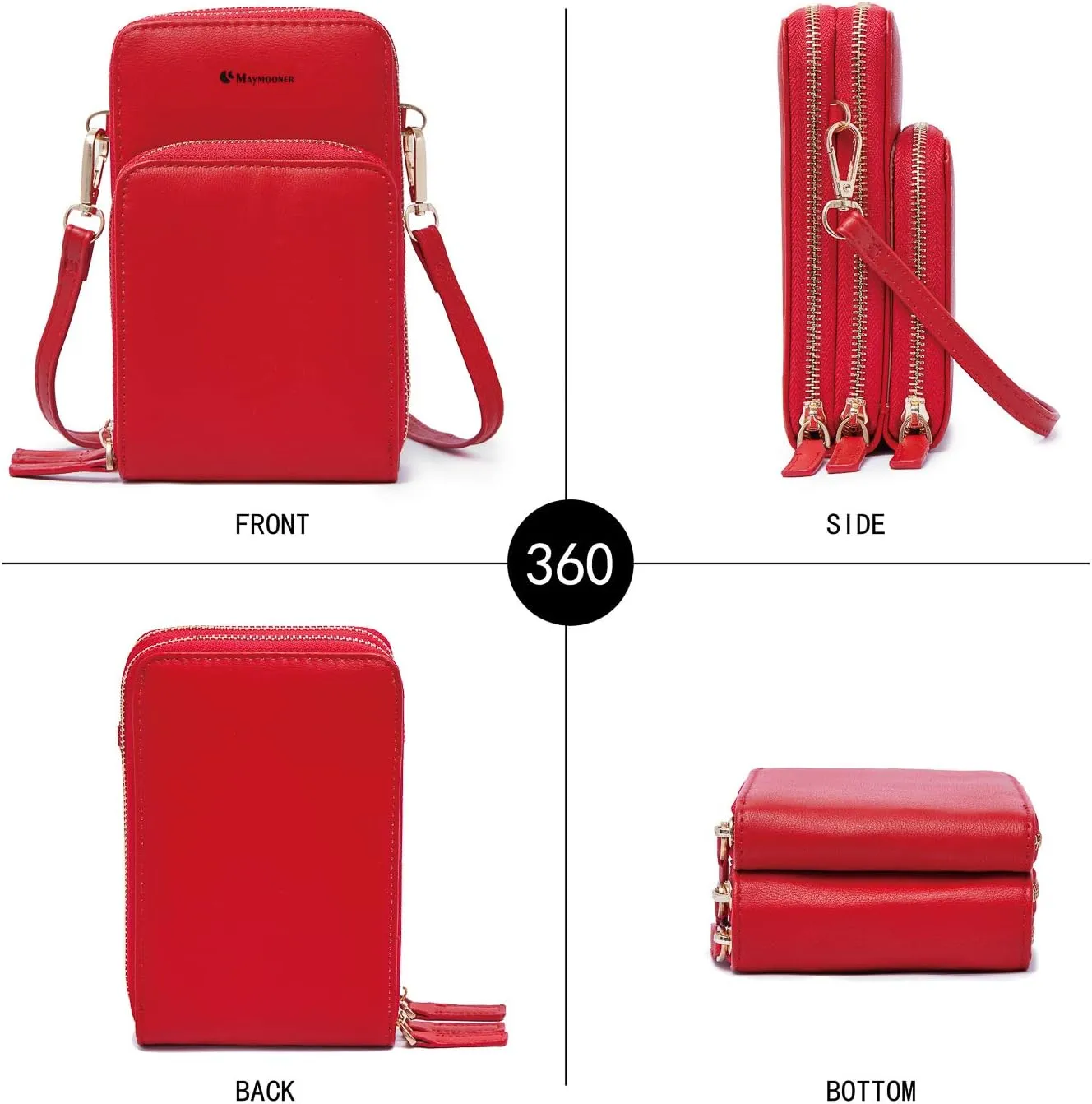 MAYMOONER Cell Phone Purse for Women, Small Crossbody Bag PU Leather with Card Slots Multiple Zipper Closure