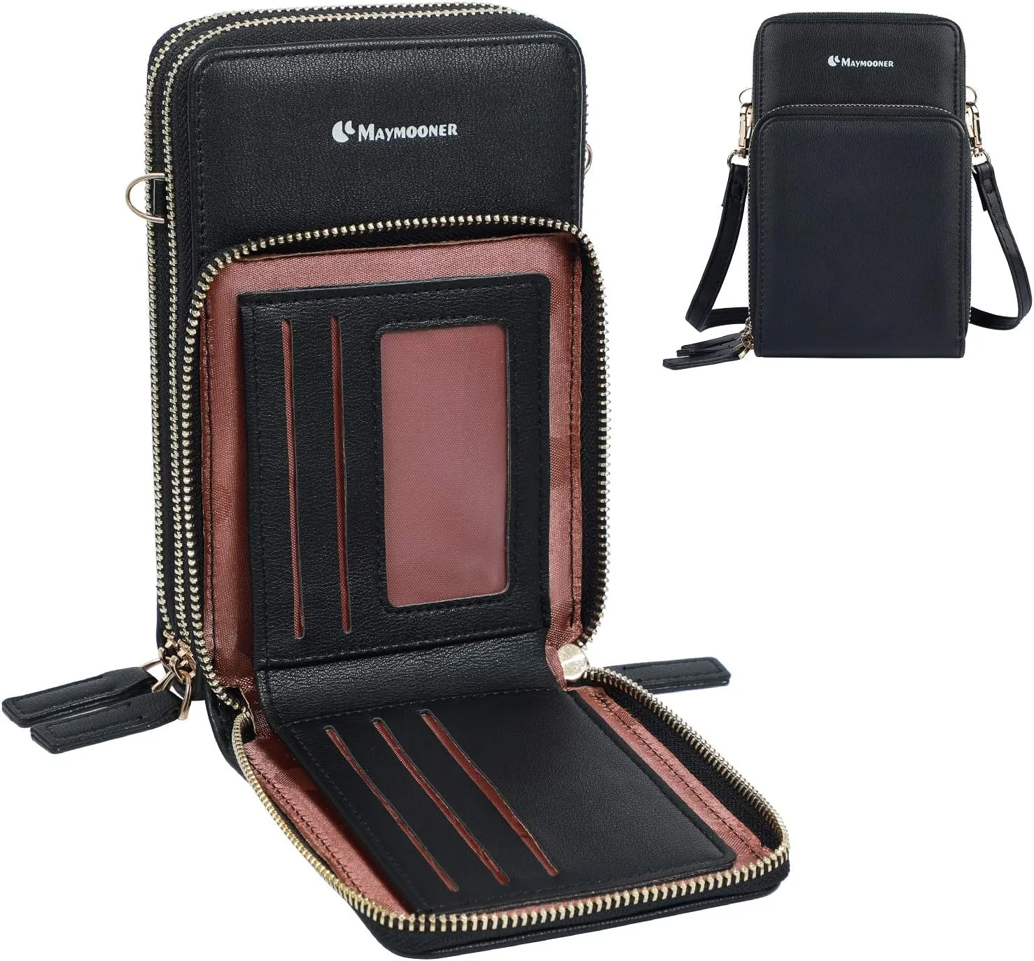 MAYMOONER Cell Phone Purse for Women, Small Crossbody Bag PU Leather with Card Slots Multiple Zipper Closure