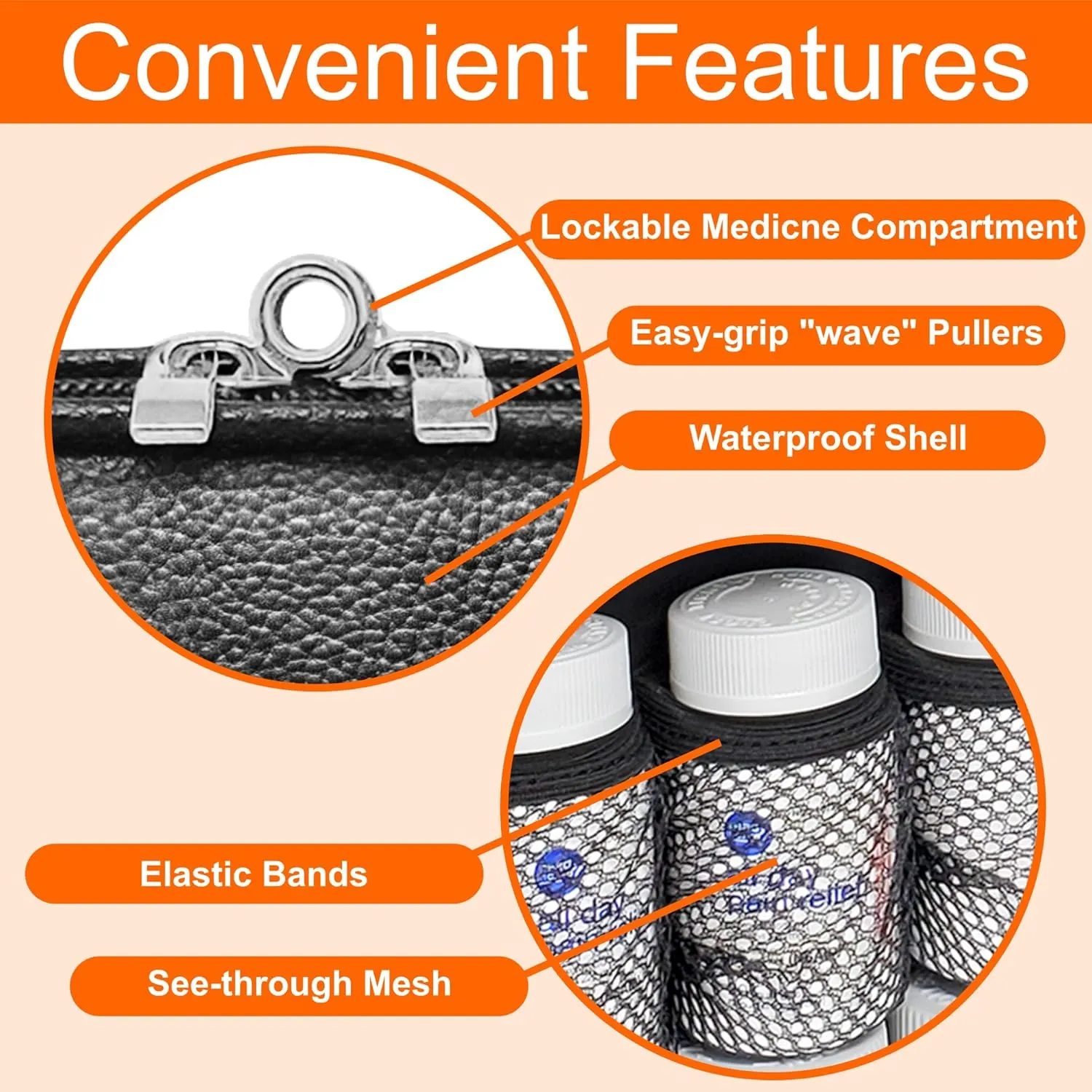 Medium 2-in-1 Pill Bottle Organizer, Crossbody PU Leather Purse for Women, Medicine Bag, Case, Carrier for Medications, Travel Medicine Organizer, Med Bag - Black (Without Lock)