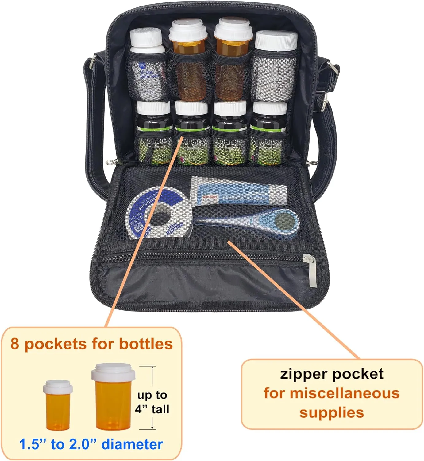 Medium 2-in-1 Pill Bottle Organizer, Crossbody PU Leather Purse for Women, Medicine Bag, Case, Carrier for Medications, Travel Medicine Organizer, Med Bag - Black (Without Lock)