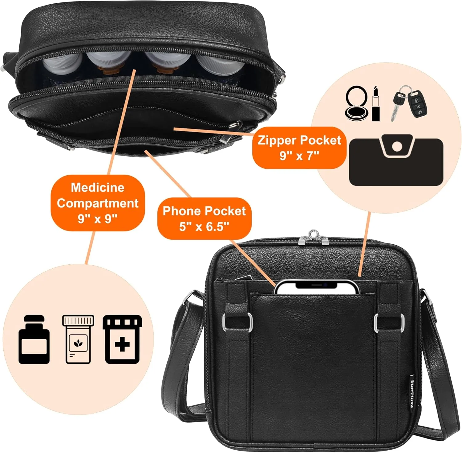 Medium 2-in-1 Pill Bottle Organizer, Crossbody PU Leather Purse for Women, Medicine Bag, Case, Carrier for Medications, Travel Medicine Organizer, Med Bag - Black (Without Lock)