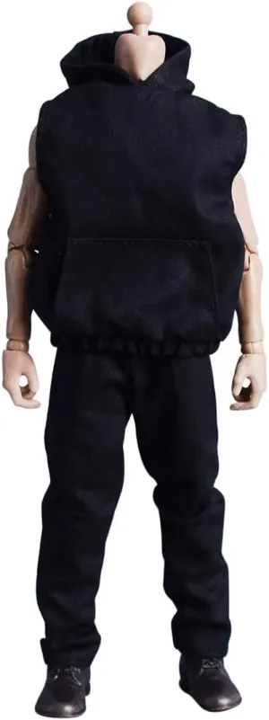 Meetoget 1/12 Scale Male Doll Daily Sports Sleeveless Hoodie Set Clothes for 6 inch Action Figure PM008US,Black