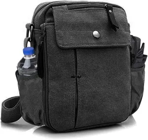 Men's Multifunctional Canvas Crossbody Bag Chest Bag Travel Carry Bag with Bottle Holder