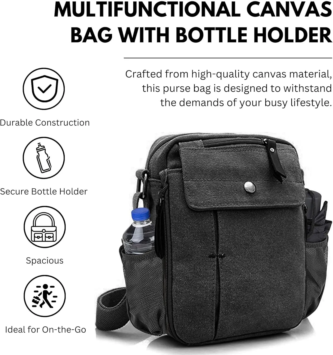 Men's Multifunctional Canvas Crossbody Bag Chest Bag Travel Carry Bag with Bottle Holder
