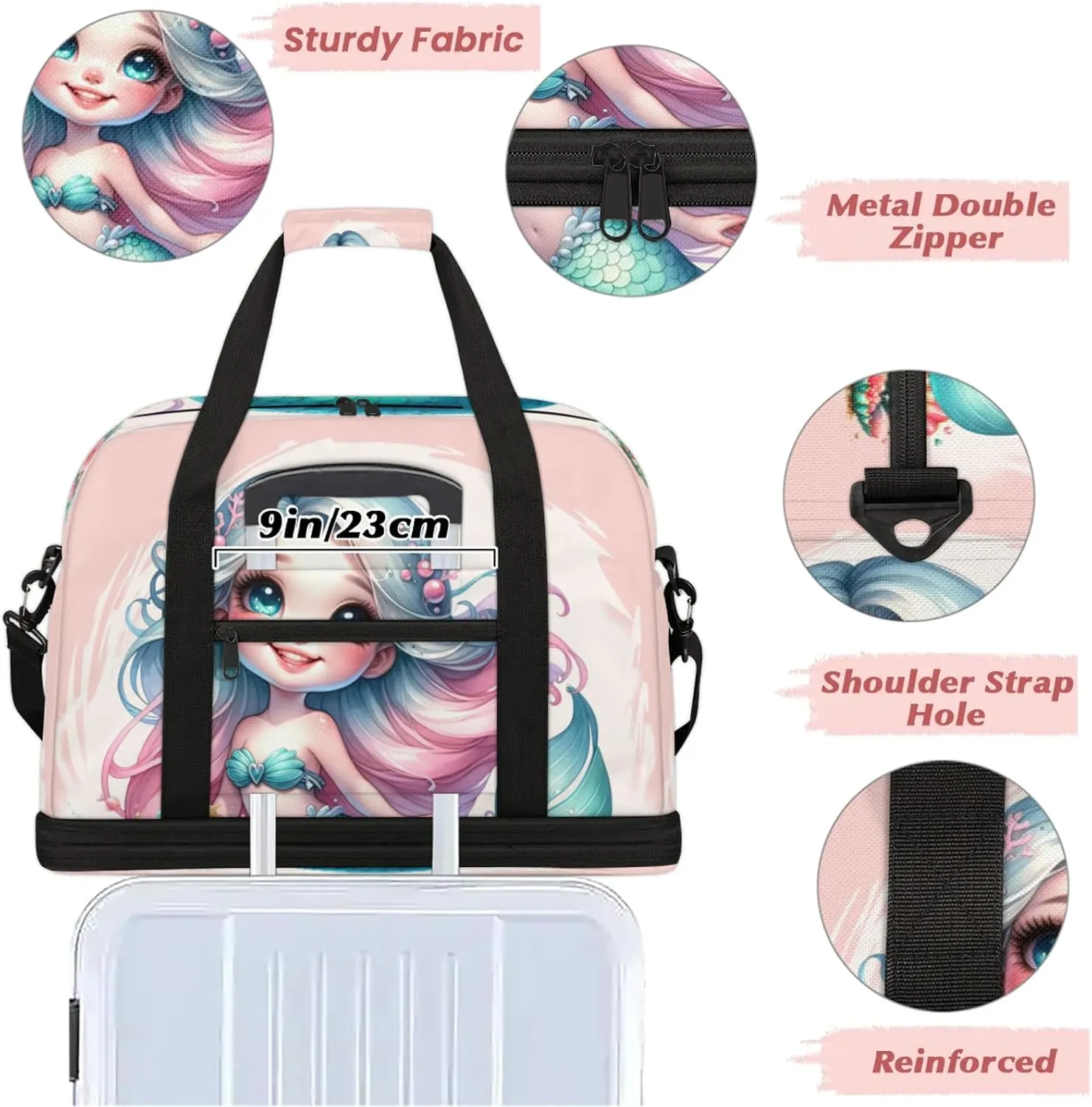 Mermaid Beautiful Ocean Travel Duffel Bags for Women & Men Large Sports Gym Bags Foldie Weekender Overnight Bag Carry On Tote Bag With Shoe Compartment Personal Item Luggage for Travel Sports Gym