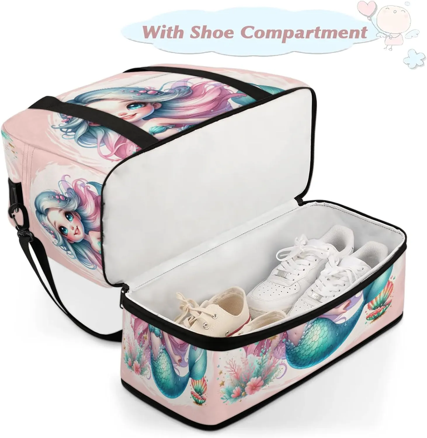 Mermaid Beautiful Ocean Travel Duffel Bags for Women & Men Large Sports Gym Bags Foldie Weekender Overnight Bag Carry On Tote Bag With Shoe Compartment Personal Item Luggage for Travel Sports Gym