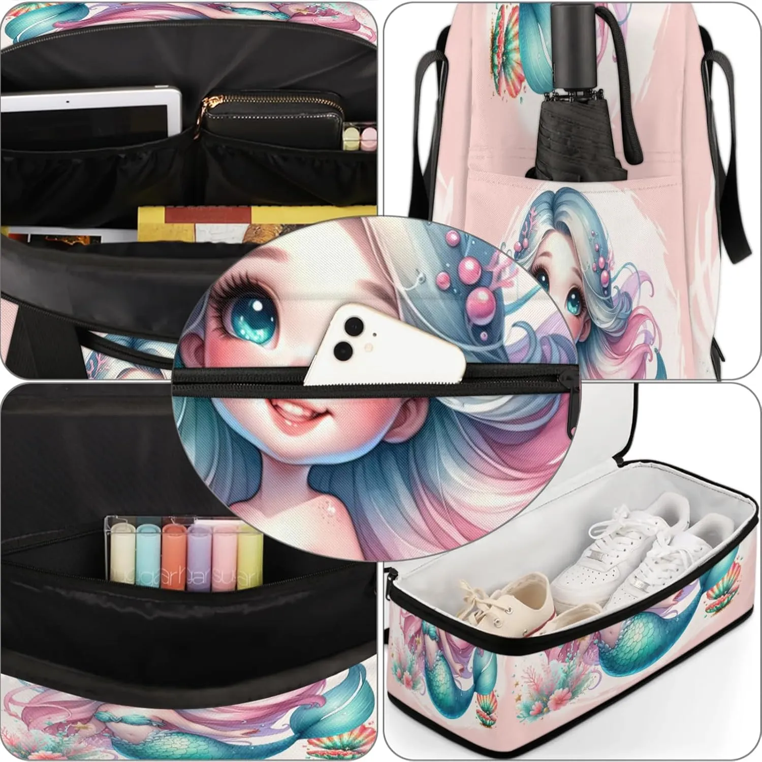 Mermaid Beautiful Ocean Travel Duffel Bags for Women & Men Large Sports Gym Bags Foldie Weekender Overnight Bag Carry On Tote Bag With Shoe Compartment Personal Item Luggage for Travel Sports Gym