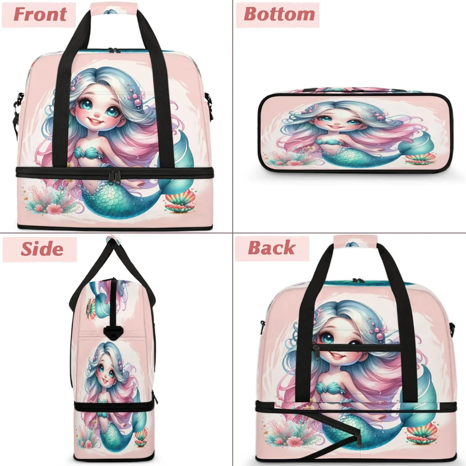 Mermaid Beautiful Ocean Travel Duffel Bags for Women & Men Large Sports Gym Bags Foldie Weekender Overnight Bag Carry On Tote Bag With Shoe Compartment Personal Item Luggage for Travel Sports Gym
