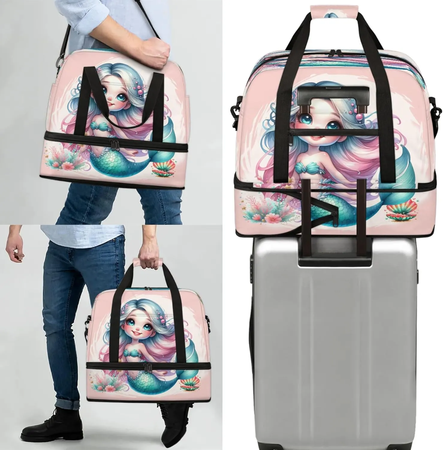 Mermaid Beautiful Ocean Travel Duffel Bags for Women & Men Large Sports Gym Bags Foldie Weekender Overnight Bag Carry On Tote Bag With Shoe Compartment Personal Item Luggage for Travel Sports Gym