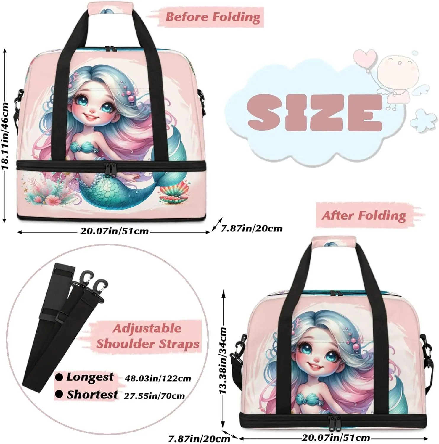 Mermaid Beautiful Ocean Travel Duffel Bags for Women & Men Large Sports Gym Bags Foldie Weekender Overnight Bag Carry On Tote Bag With Shoe Compartment Personal Item Luggage for Travel Sports Gym