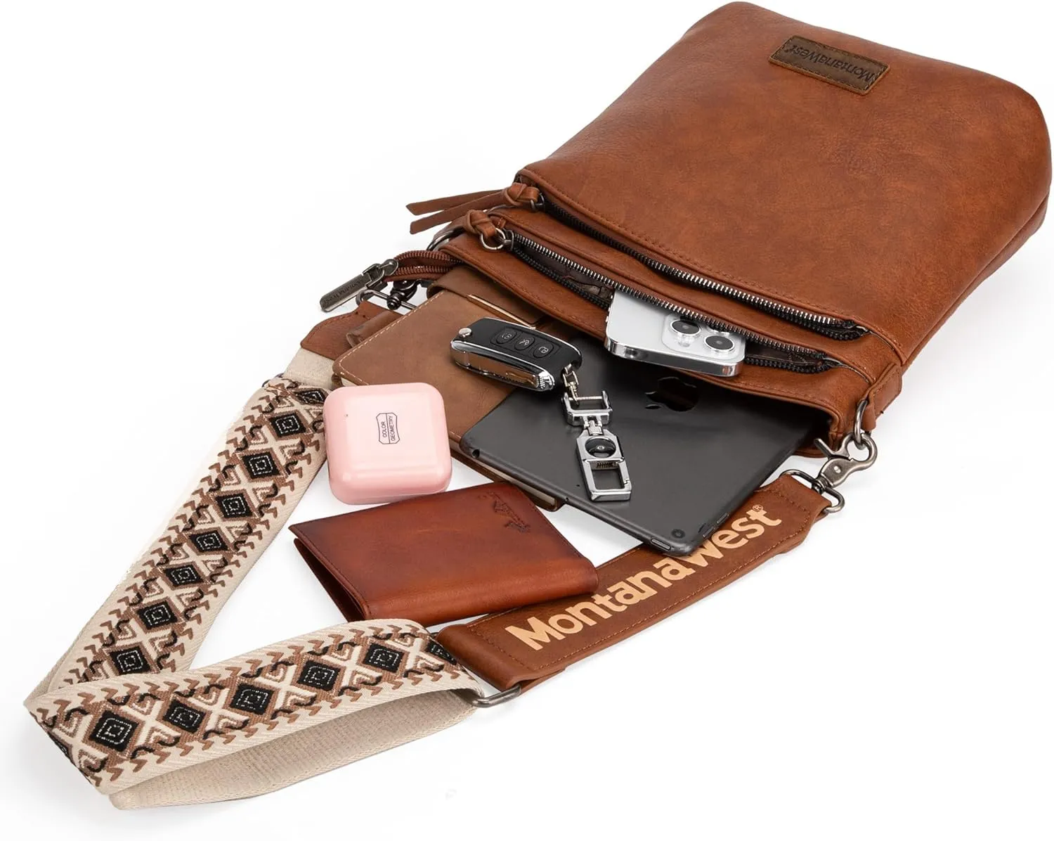 Montana West Multi Zip Pocket Large Crossbody Bag With Guitar Strap