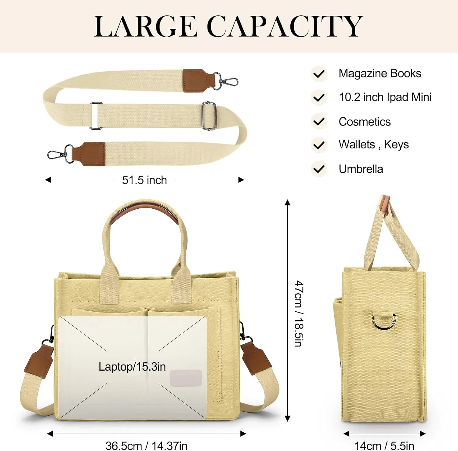Mossio Large Canvas Tote Bag for Women with Pockets - Laptop Crossbody Work Tote Bag Everyday Bag Shoulder Purse Handbag