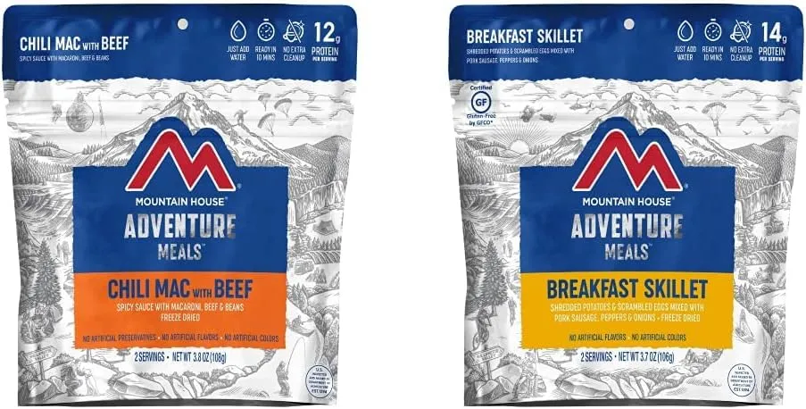 Mountain House Chili Mac with Beef | Freeze Dried Backpacking & Camping Food | 2-Servings   Mountain House Breakfast Skillet | Freeze Dried Backpacking & Camping Food | 2 Servings | Gluten-Free