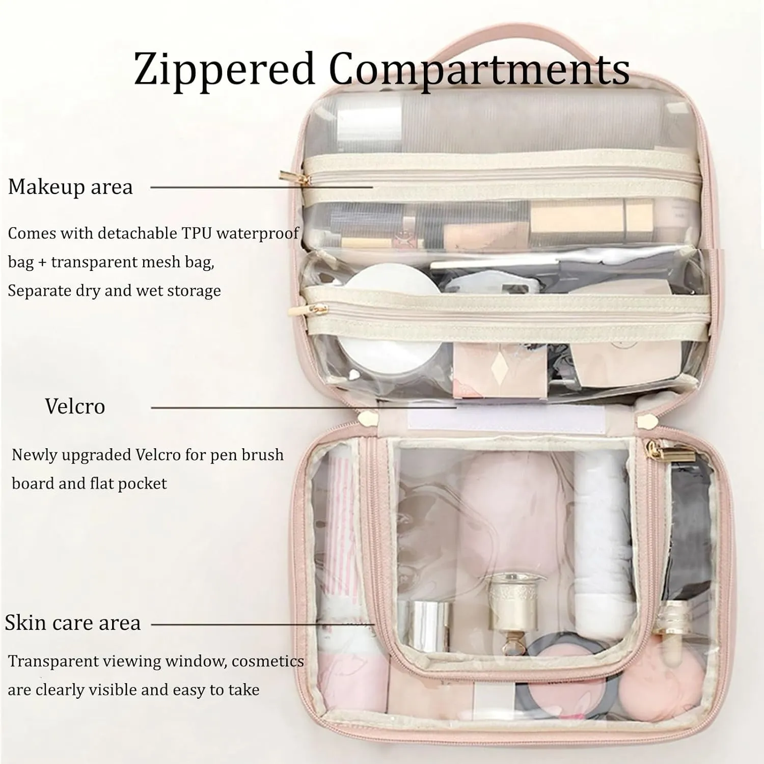 Multi-Compartment Toiletry Cosmetics Bag, Portable & Large Capacity Makeup Bag with Compartments, multi compartment toiletry Bag for Travel (Pink)