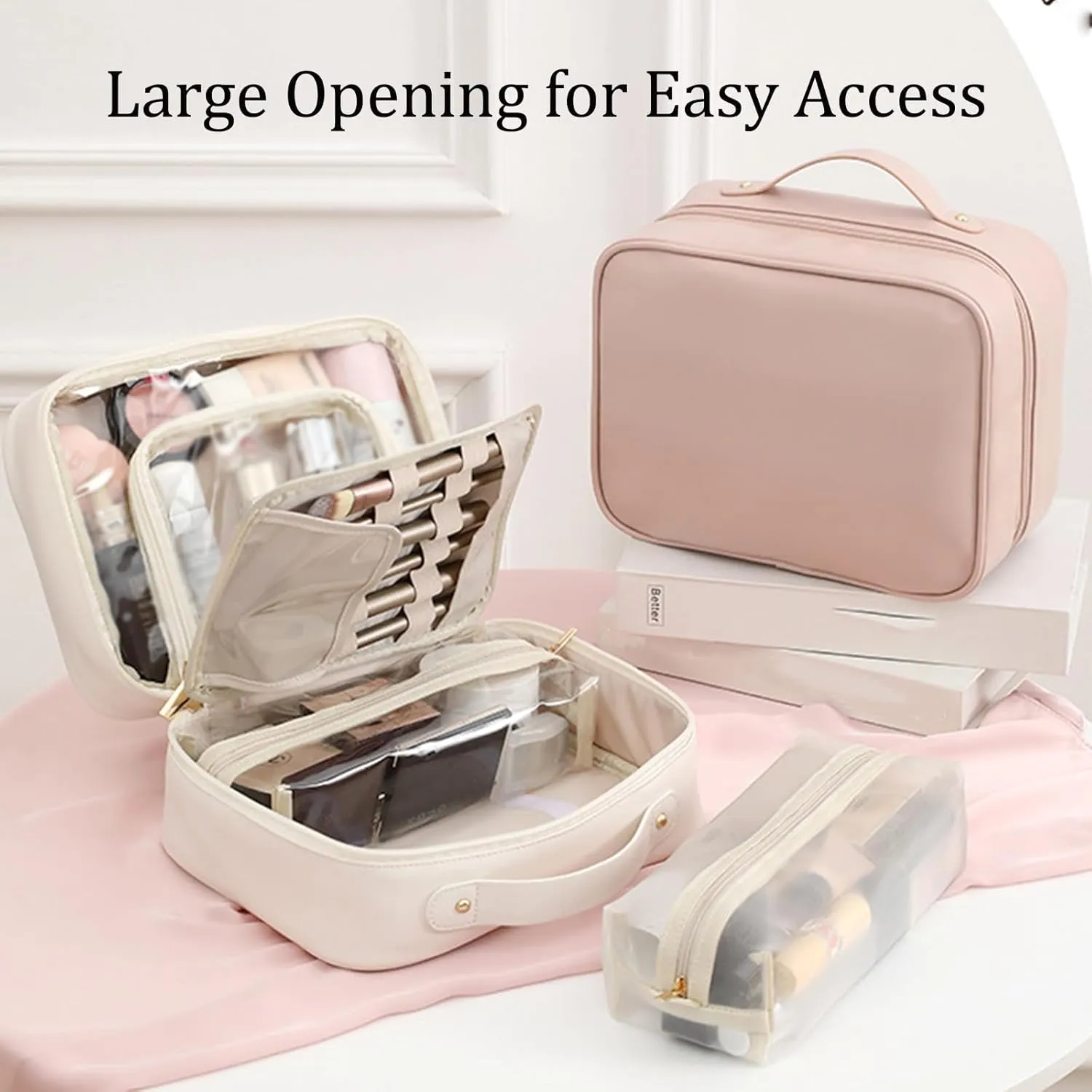 Multi-Compartment Toiletry Cosmetics Bag, Portable & Large Capacity Makeup Bag with Compartments, multi compartment toiletry Bag for Travel (Pink)
