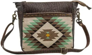 Myra Bag Canvas Zipper Bag - Delcatty Leather, Rug, and Canvas Crossbody Bag for Women, Aztec Design in Hues of Green, Brown, and Yellow, Zipper Pouch with Adjustable Strap