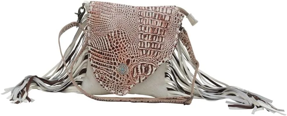 Myra Bag Western Leather Crossbody Bag for Women - Hairon Upcycled Canvas Flap Boho Bag with Tassel Smokey