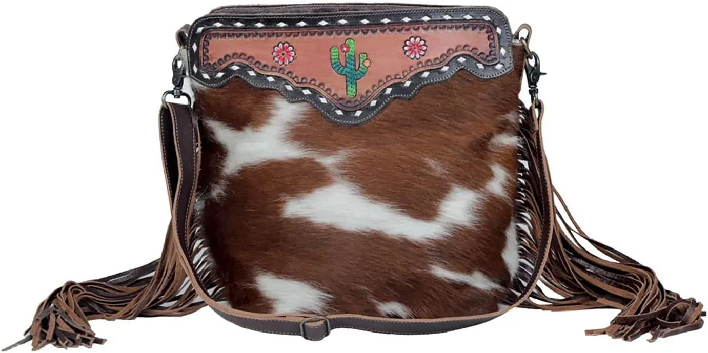 Myra Bag Western Leather Crossbody Bag for Women - Upcycled Canvas Shoulder Bag with Tassels Cutesy Cactus
