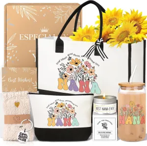 Nana Gifts for Women Birthday Mothers Day Gifts Set from Granddaughter Grandson Grandchildren, 16 Oz Glass Cup Tote Bag Makeup Bag Gift Basket Thanksgiving Ideas Gift for Grandmother