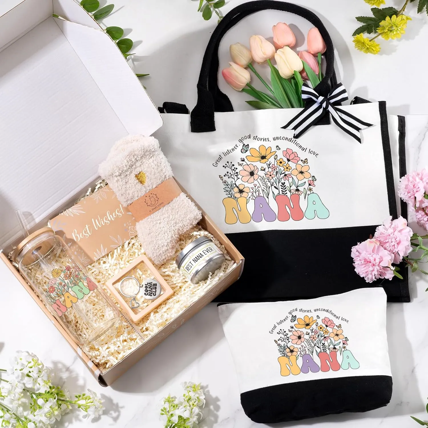 Nana Gifts for Women Birthday Mothers Day Gifts Set from Granddaughter Grandson Grandchildren, 16 Oz Glass Cup Tote Bag Makeup Bag Gift Basket Thanksgiving Ideas Gift for Grandmother
