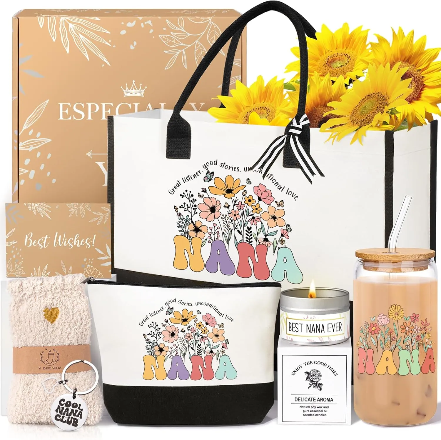 Nana Gifts for Women Birthday Mothers Day Gifts Set from Granddaughter Grandson Grandchildren, 16 Oz Glass Cup Tote Bag Makeup Bag Gift Basket Thanksgiving Ideas Gift for Grandmother
