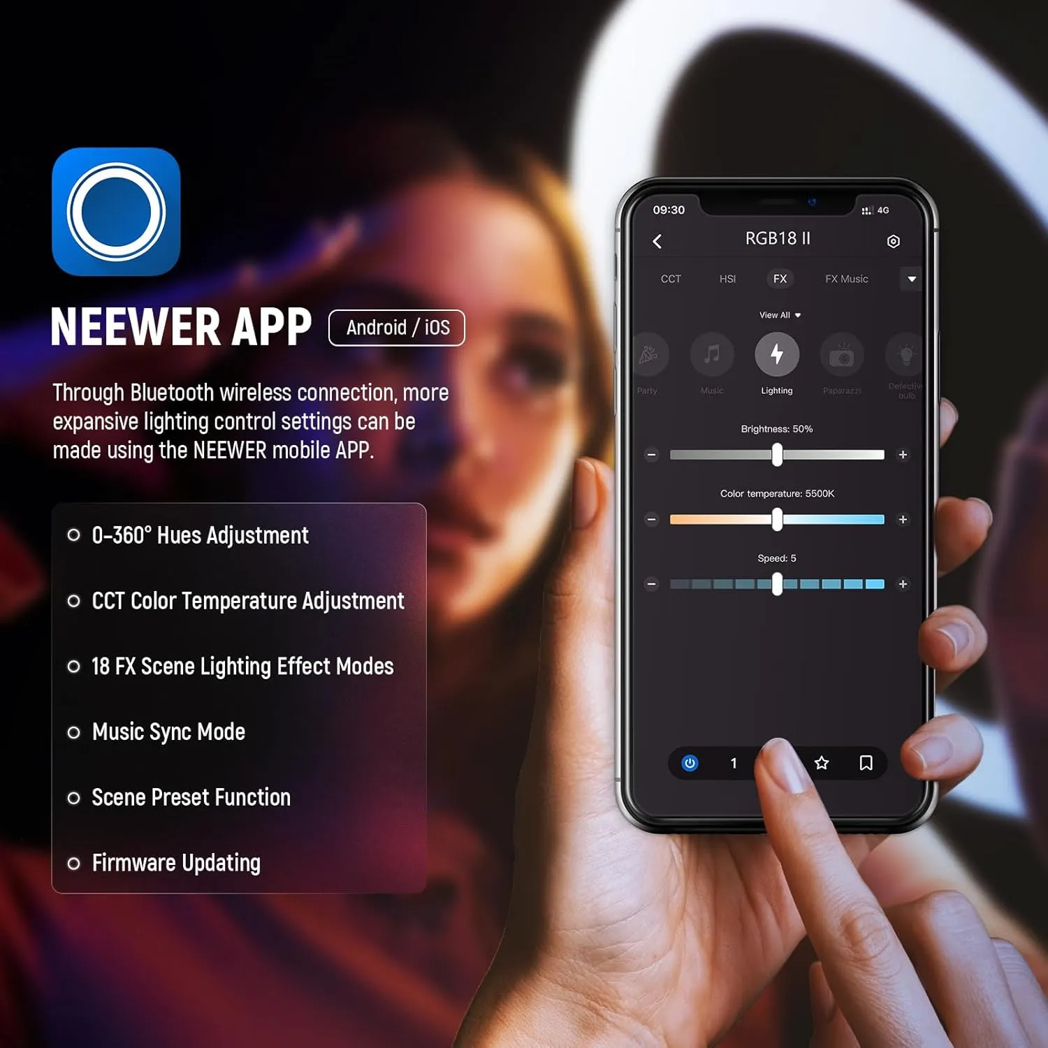 NEEWER 18 Inch RGB LED Ring Light APP Control with Tripod Stand and Phone HolderCompatible with iPhone for Selfie Makeup Lash Studio Streaming Video Recording Lighting, 42W Ringlight Dimmable,RGB18 II