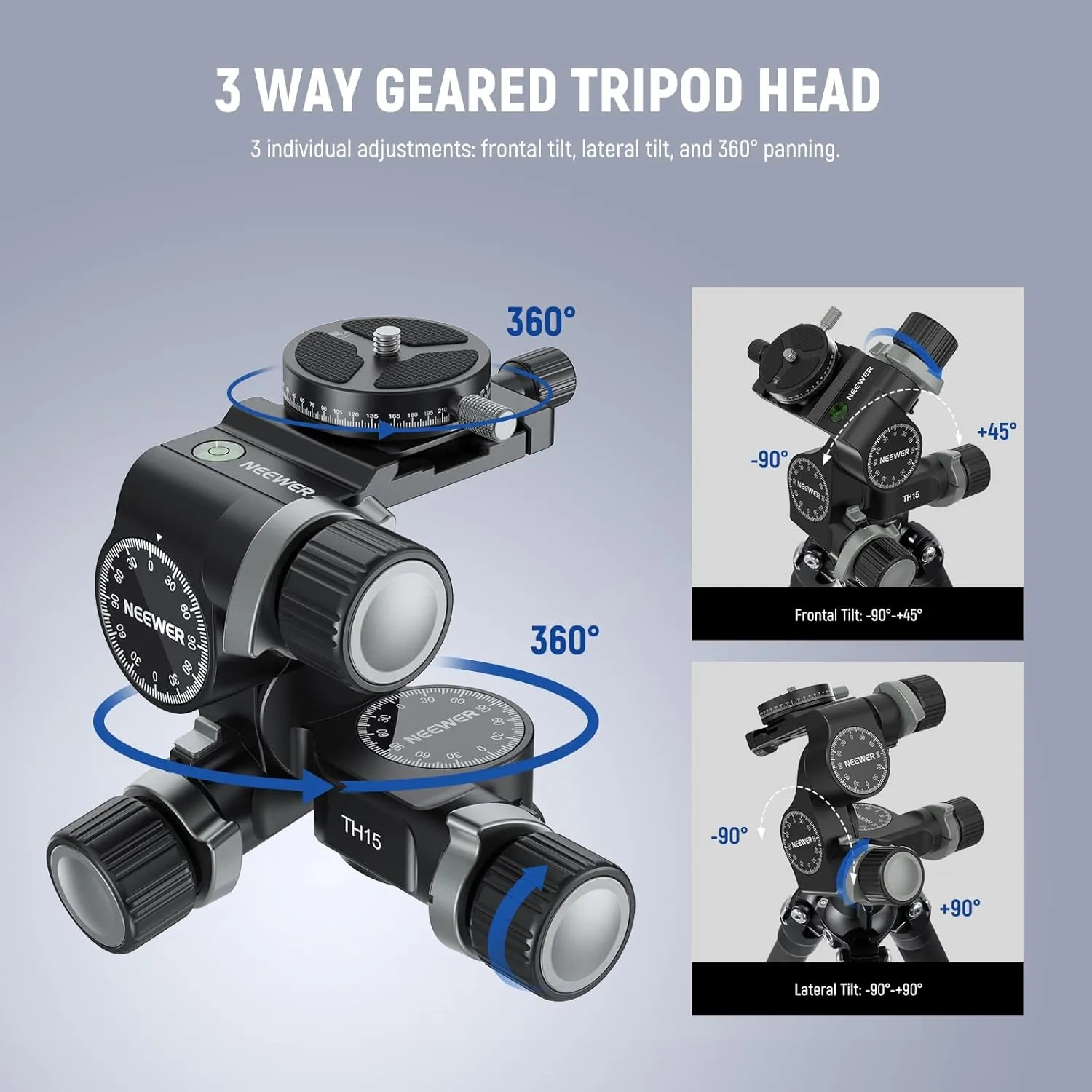 NEEWER 3 Way Geared Tripod Head with 360° Panoramic Arca QR Plate, Millimeter Micro Adjustment, Aluminum Alloy 3 Axis Pan Tilt Head with Quick Switch Large & Fine Dual Modes, Max Load 13.2lb/6kg, TH15