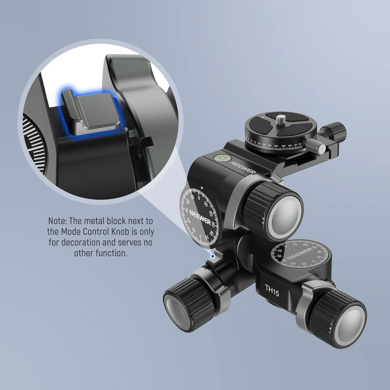 NEEWER 3 Way Geared Tripod Head with 360° Panoramic Arca QR Plate, Millimeter Micro Adjustment, Aluminum Alloy 3 Axis Pan Tilt Head with Quick Switch Large & Fine Dual Modes, Max Load 13.2lb/6kg, TH15