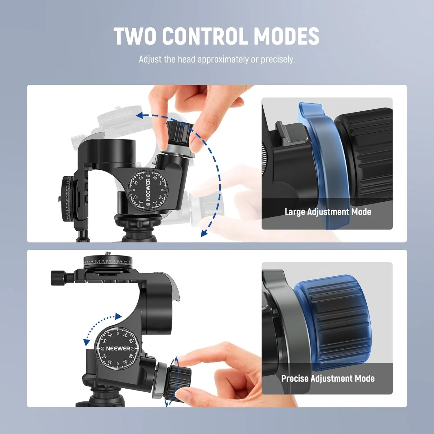 NEEWER 3 Way Geared Tripod Head with 360° Panoramic Arca QR Plate, Millimeter Micro Adjustment, Aluminum Alloy 3 Axis Pan Tilt Head with Quick Switch Large & Fine Dual Modes, Max Load 13.2lb/6kg, TH15