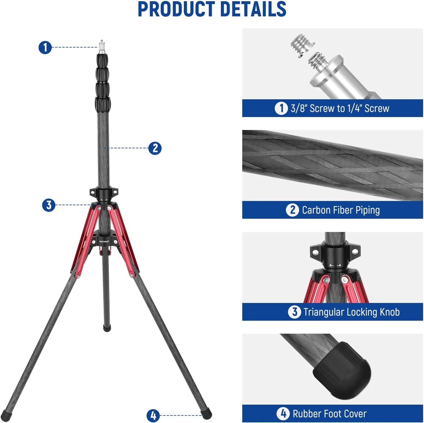 NEEWER Light Stand Carbon Fiber with 180° Reversible Legs, 1/4" to 3/8" Screw Adapter and Bag, 86.5"/220cm Portable Travel Tripod Stand for Outdoor Photography Speedlite Strobe Softbox, ST210R