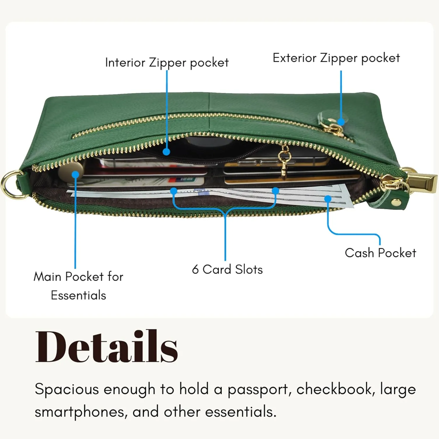 NGIL Women Genuine Leather Crossbody Wristlet, Women's Handbag, Chic Shoulder Bag Small Wristlet Wallet, Golden Accent Zipper